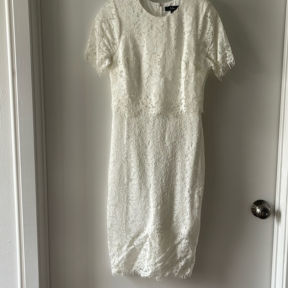 White Lace Short Sleeve Midi Dress